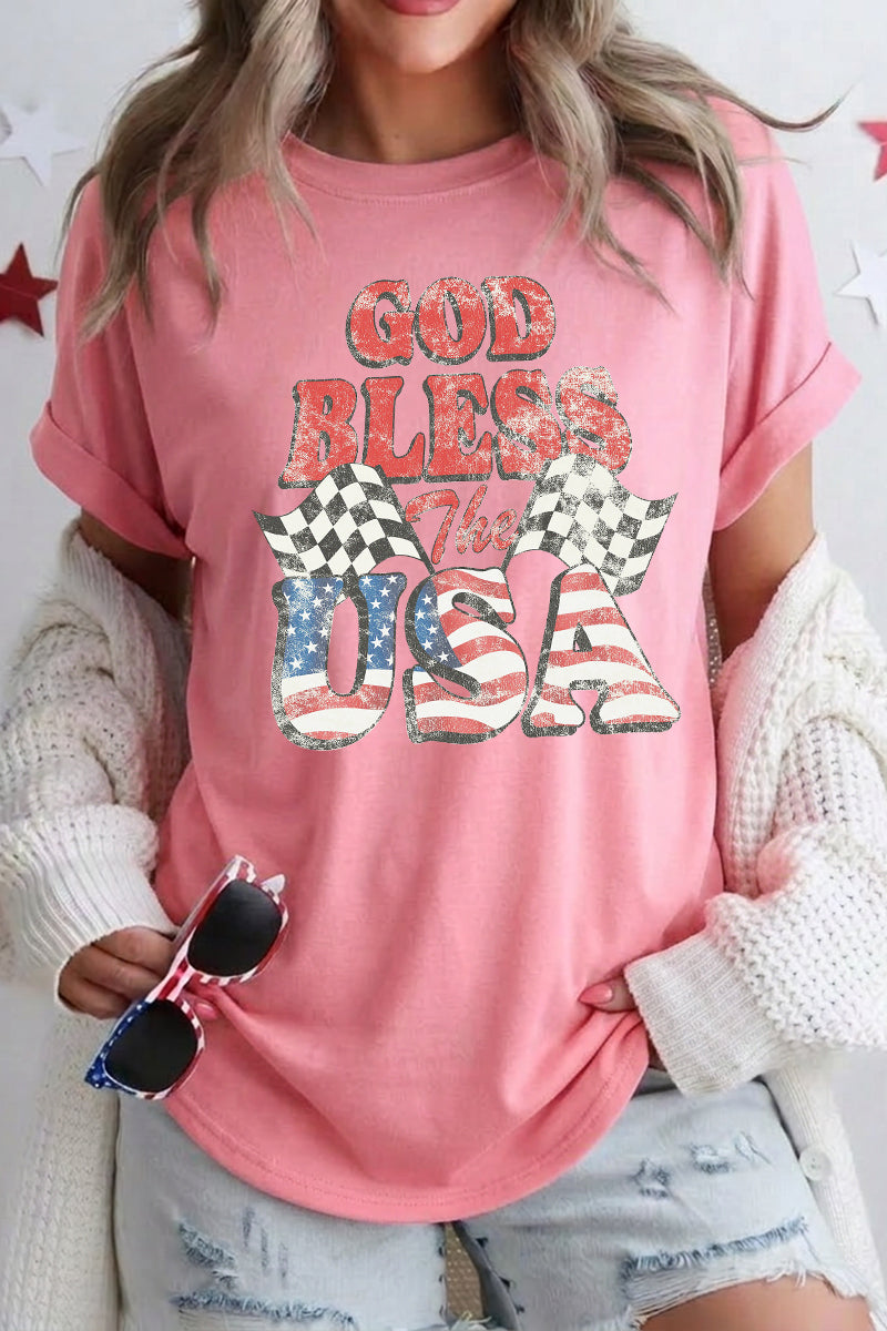 Women 4th of July USA God Bless Graphic T Shirt