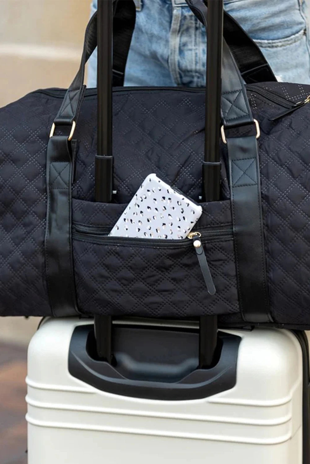 Black Rhombus Textured Waterproof Travel Duffel Bag