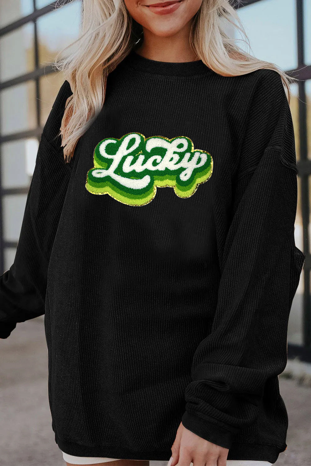 Saint Patrick’s Day Lucky Chenille Graphic Corded Sweatshirt