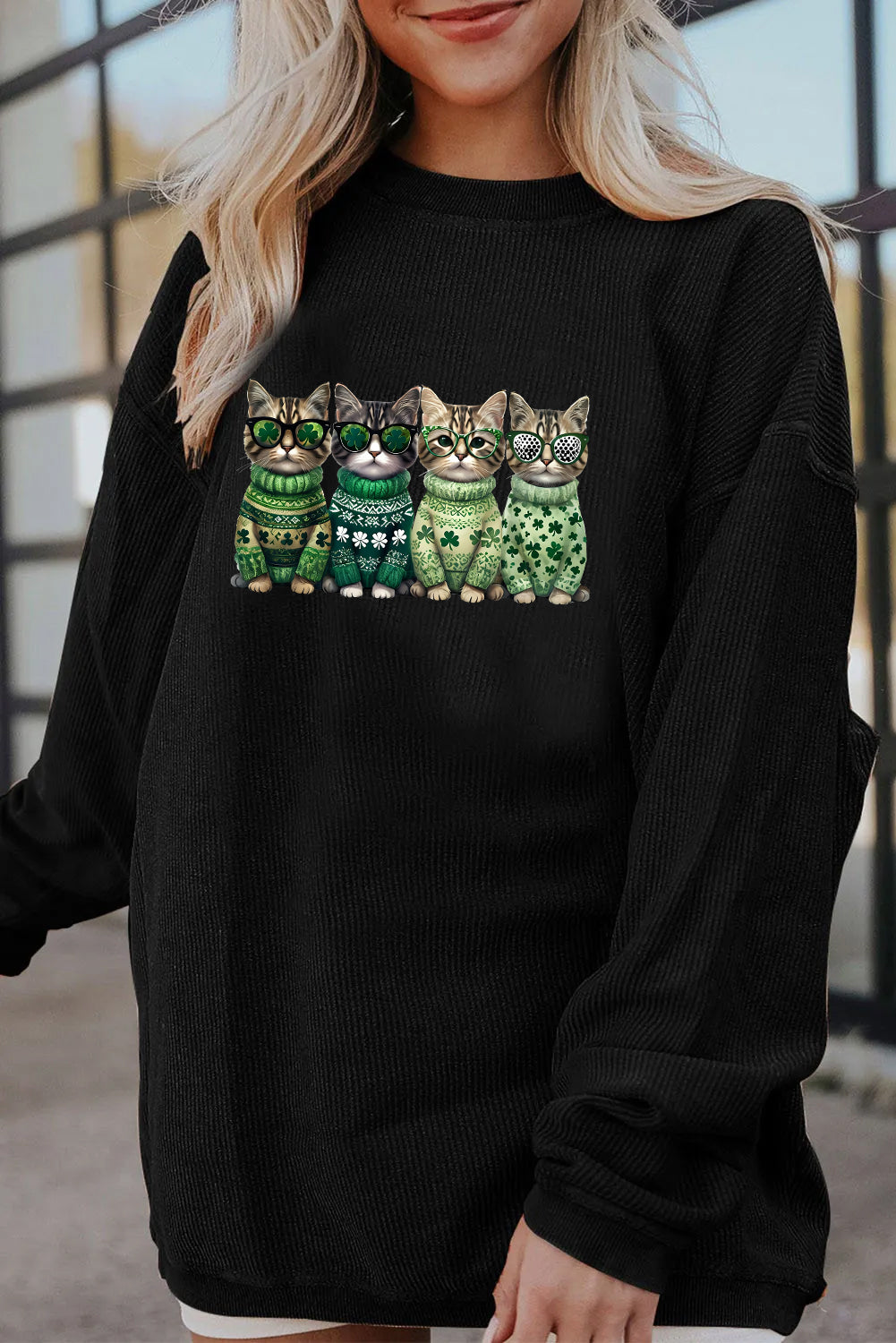 Saint Patrick’s Day Lucky Cats Graphic Corded Sweatshirt