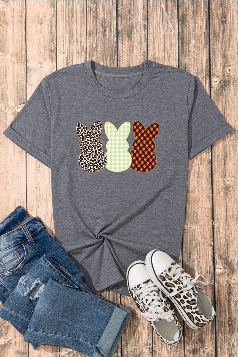 Three Bunny Graphic Tee Women Easter Spring Casual Shirt