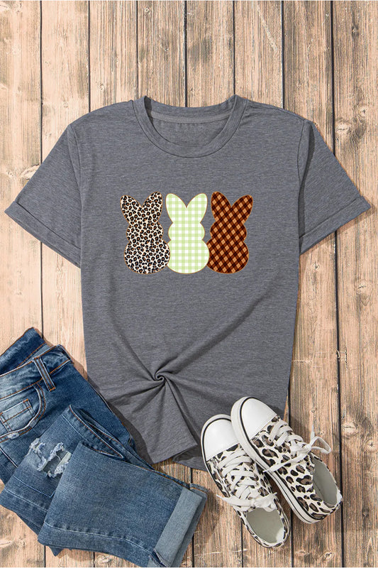 Three Bunny Graphic Tee Women Easter Spring Casual Shirt