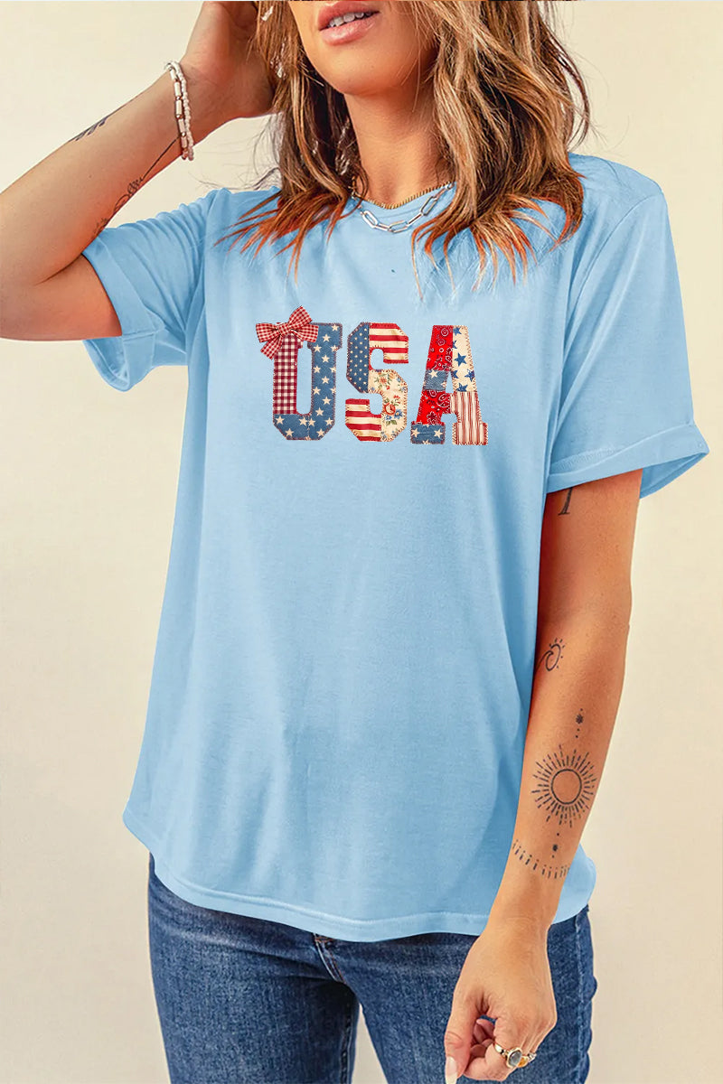 USA Patchwork Bow Graphic Tee Women Patriotic Summer Shirt