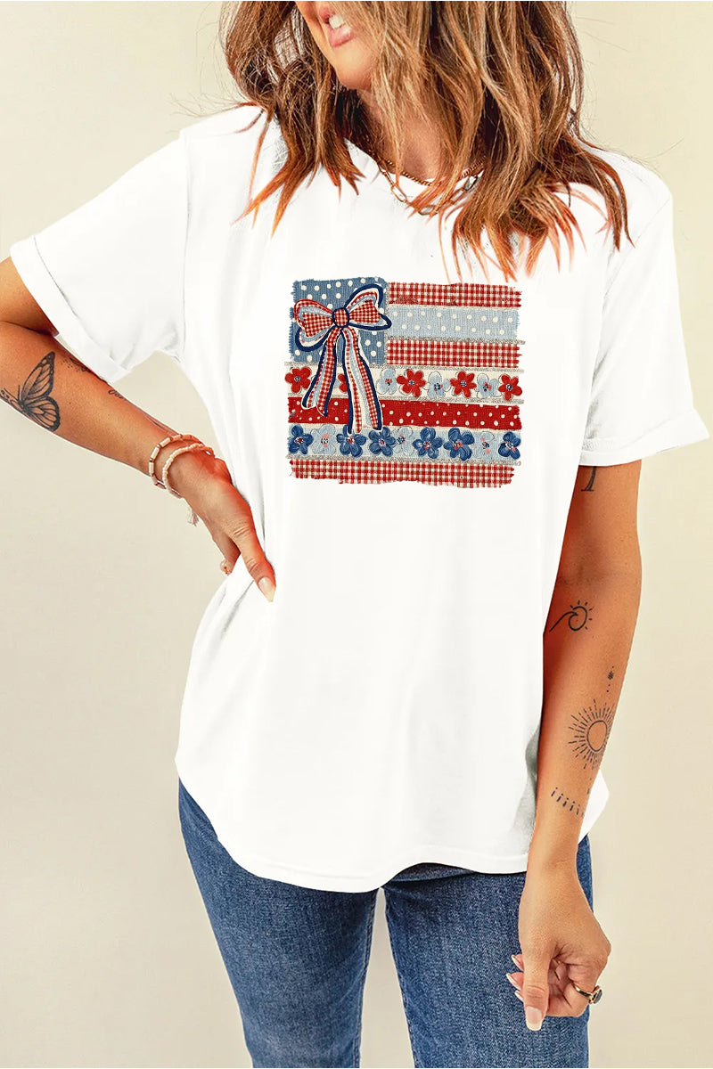 USA Bow Flag Graphic Tee Women Patriotic Summer Top