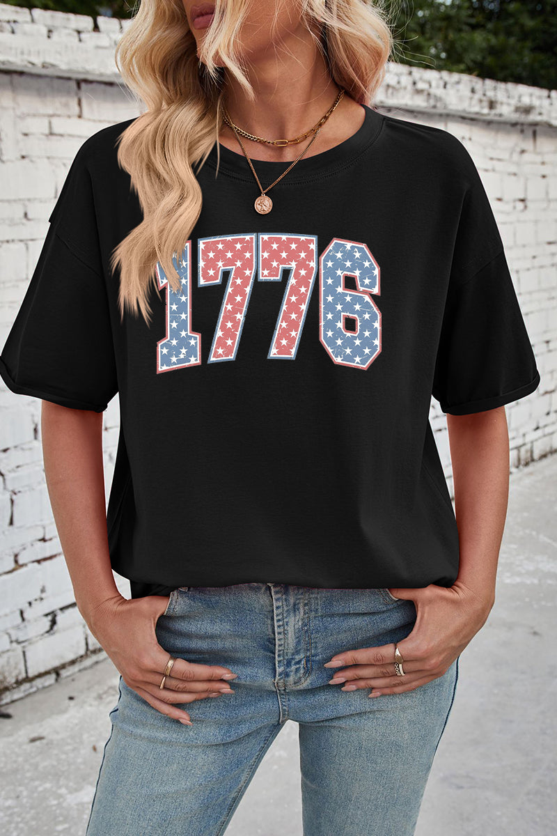 Patriotic Cotton Graphic Tee Oversized 1776 USA Top