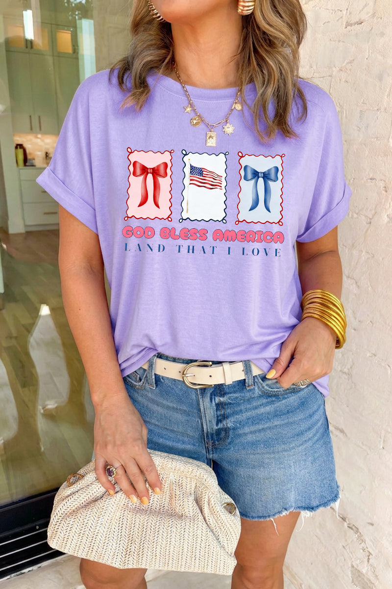 Women 4th of July Bow American Flag T Shirt