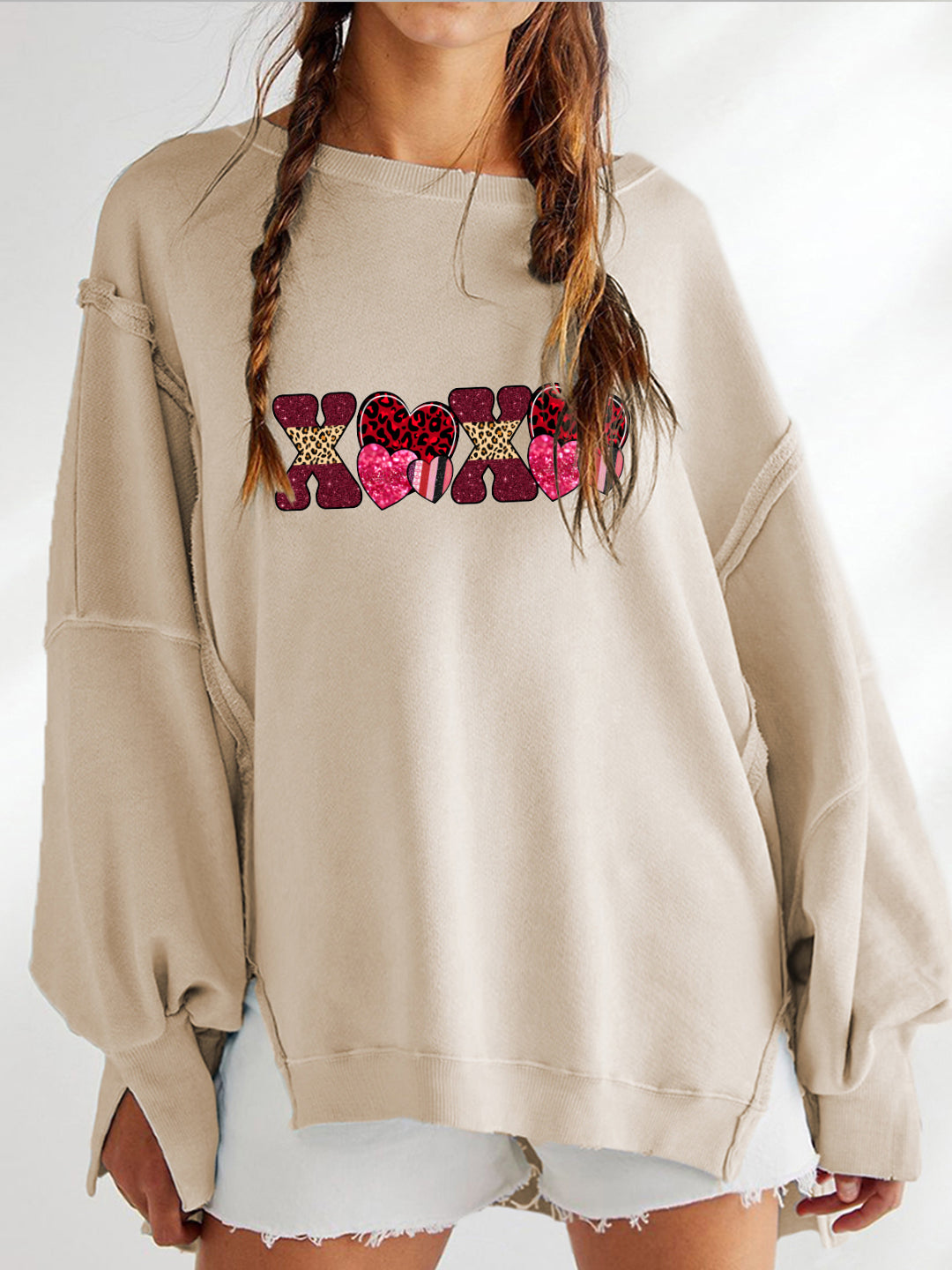 Valentine's Day XOXO Patchwork Heart Print Sweatshirt