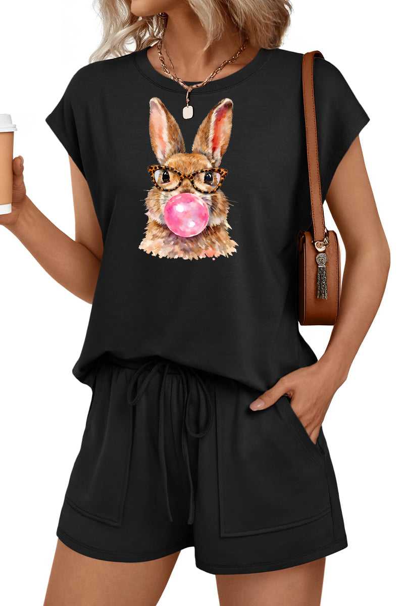 Easter Bunny Graphic Two Piece Shorts Set Women Spring
