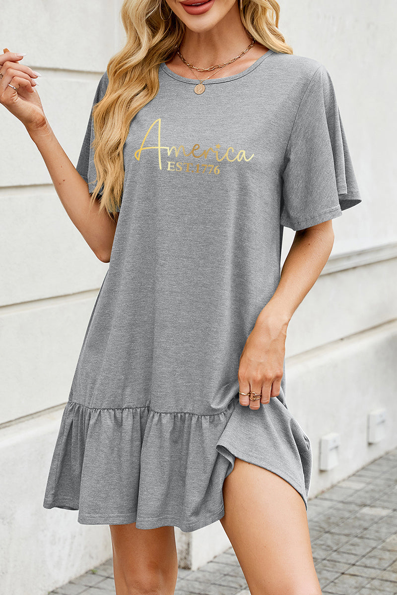 America Letter Cotton Dress Casual Ruffle Trendy
