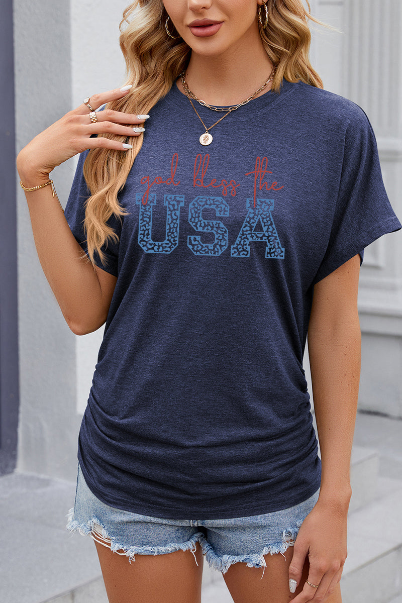 Script USA Letter Graphic 4th of July Casual Patriotic Tee