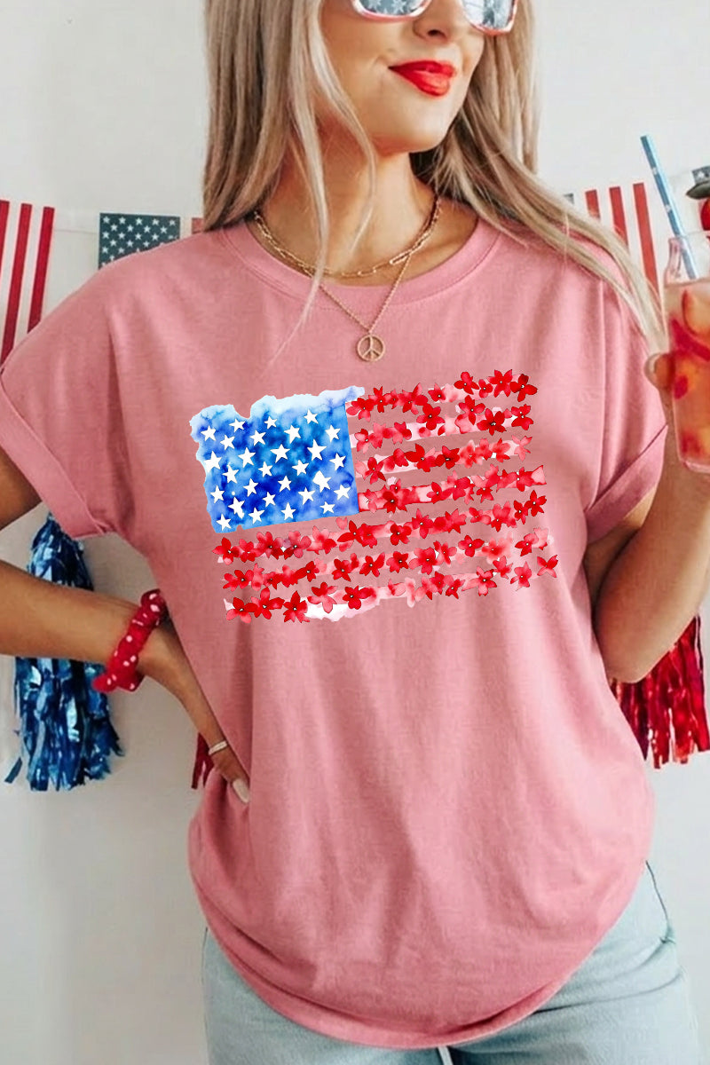 Women 4th of July American Flag Floral T Shirt