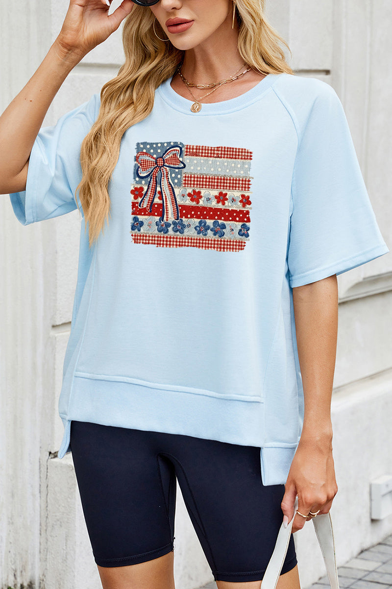 USA Flag Bow Graphic Tee Women Patriotic 4th July Top