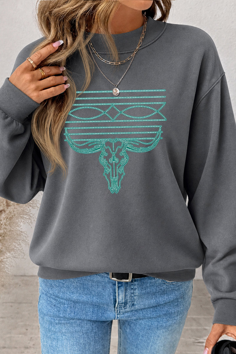 Western Bull Skull Graphic Mock Neck Sweatshirt