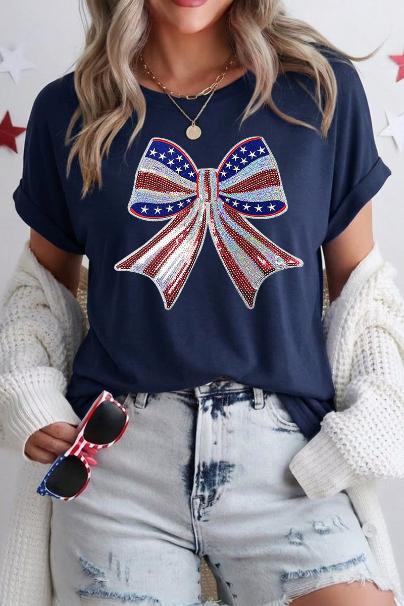 4th of July Bow Graphic Tee Women Patriotic Top