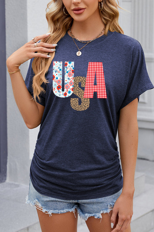 USA  Floral Graphic Casual Patriotic T Shirt