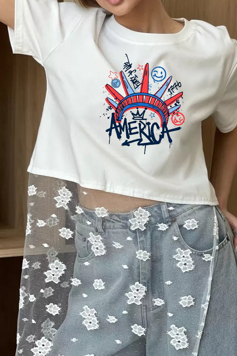 Patriotic Graphic Cotton Tee Lace Patchwork Top