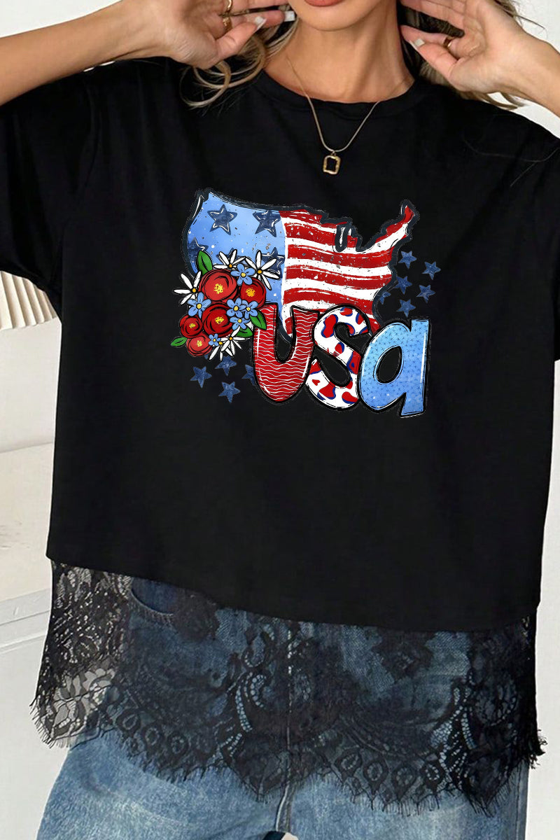 USA Graphic Woven Tee Lace Hem Flag Cute Summer Top