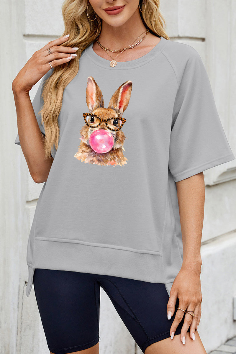 Easter Floral Bunny Graphic Tee Women Spring Casual Shirt