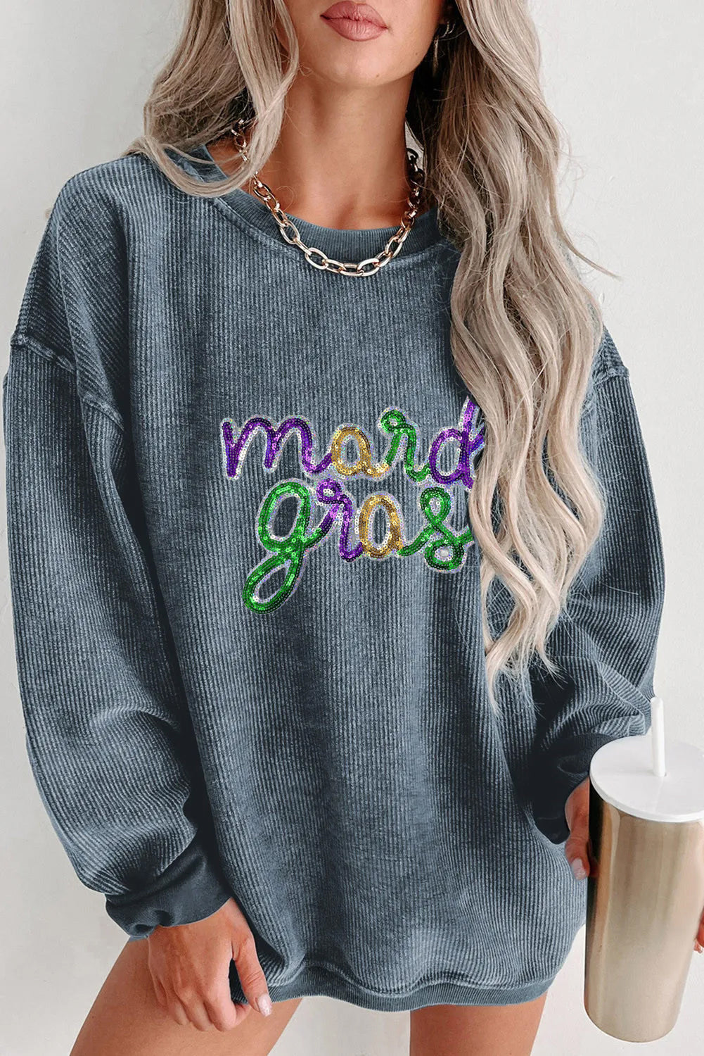 Mardi Gras Sequin Graphic Washed Pullover Sweatshirt