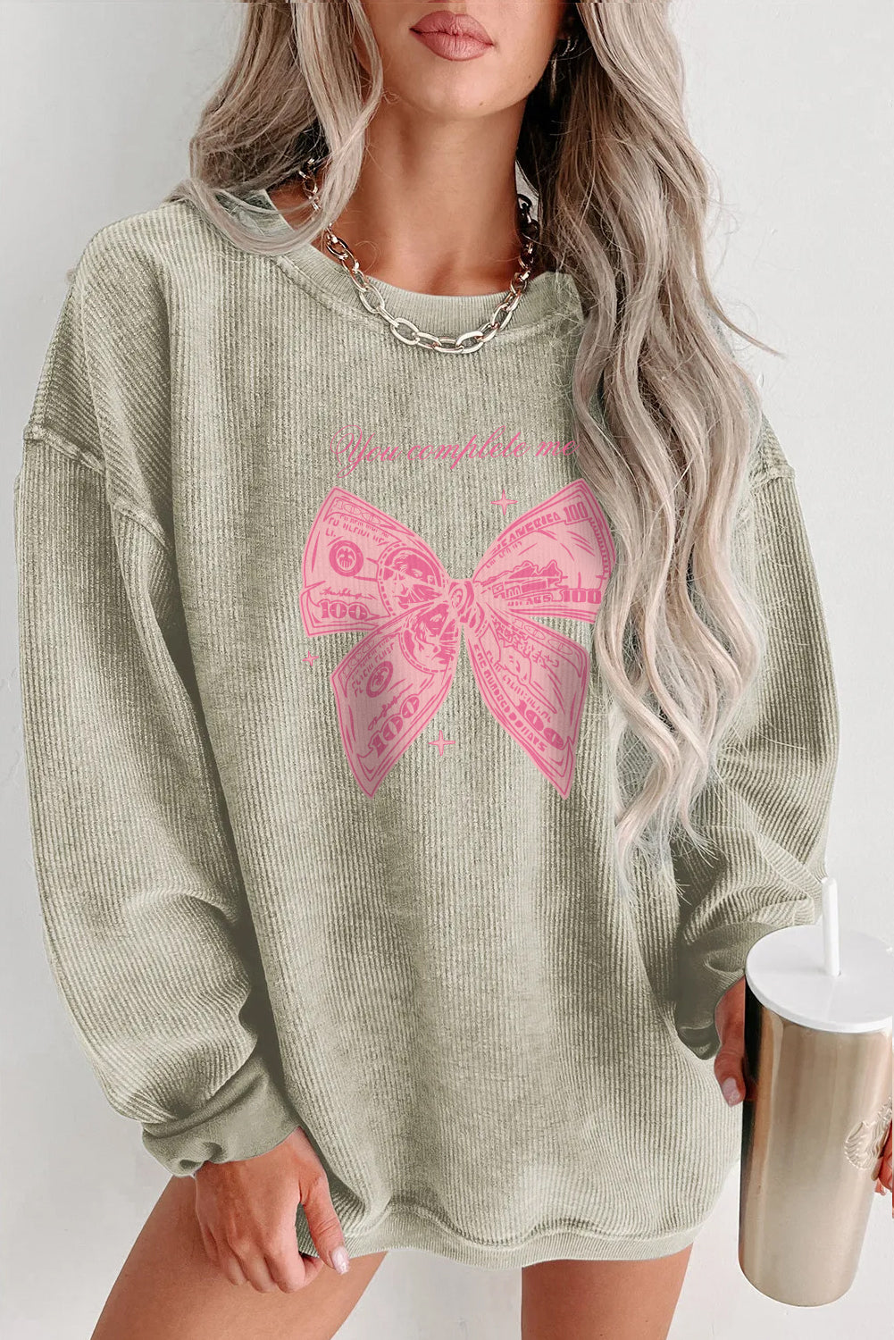 Valentine's Day Cute Pink Bow Oversized Corduroy Pullover