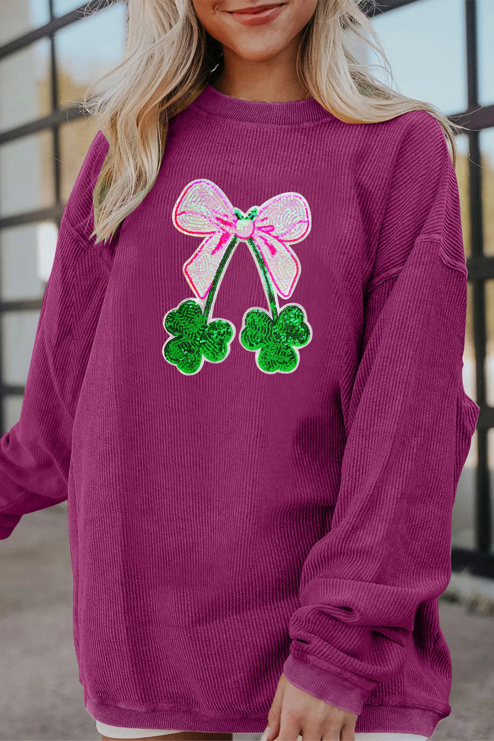 Saint Patrick’s Day Bow Clover Graphic Corded Sweatshirt