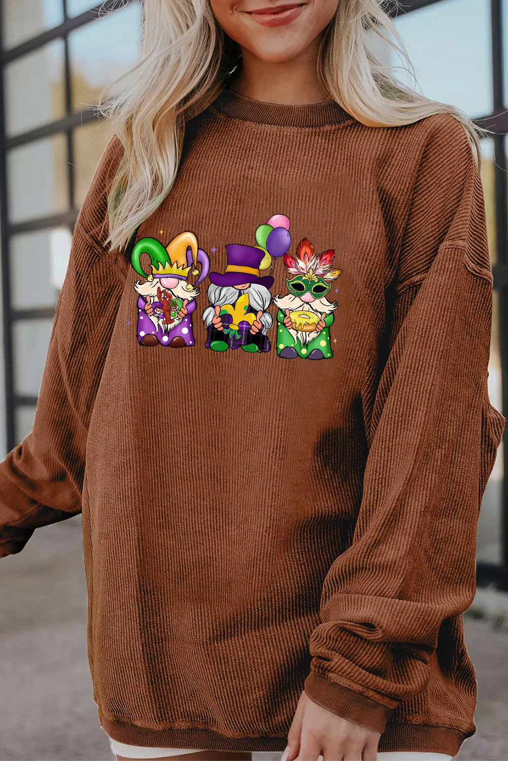 Mardi Gras Trio Gnome Graphic Corded Sweatshirt
