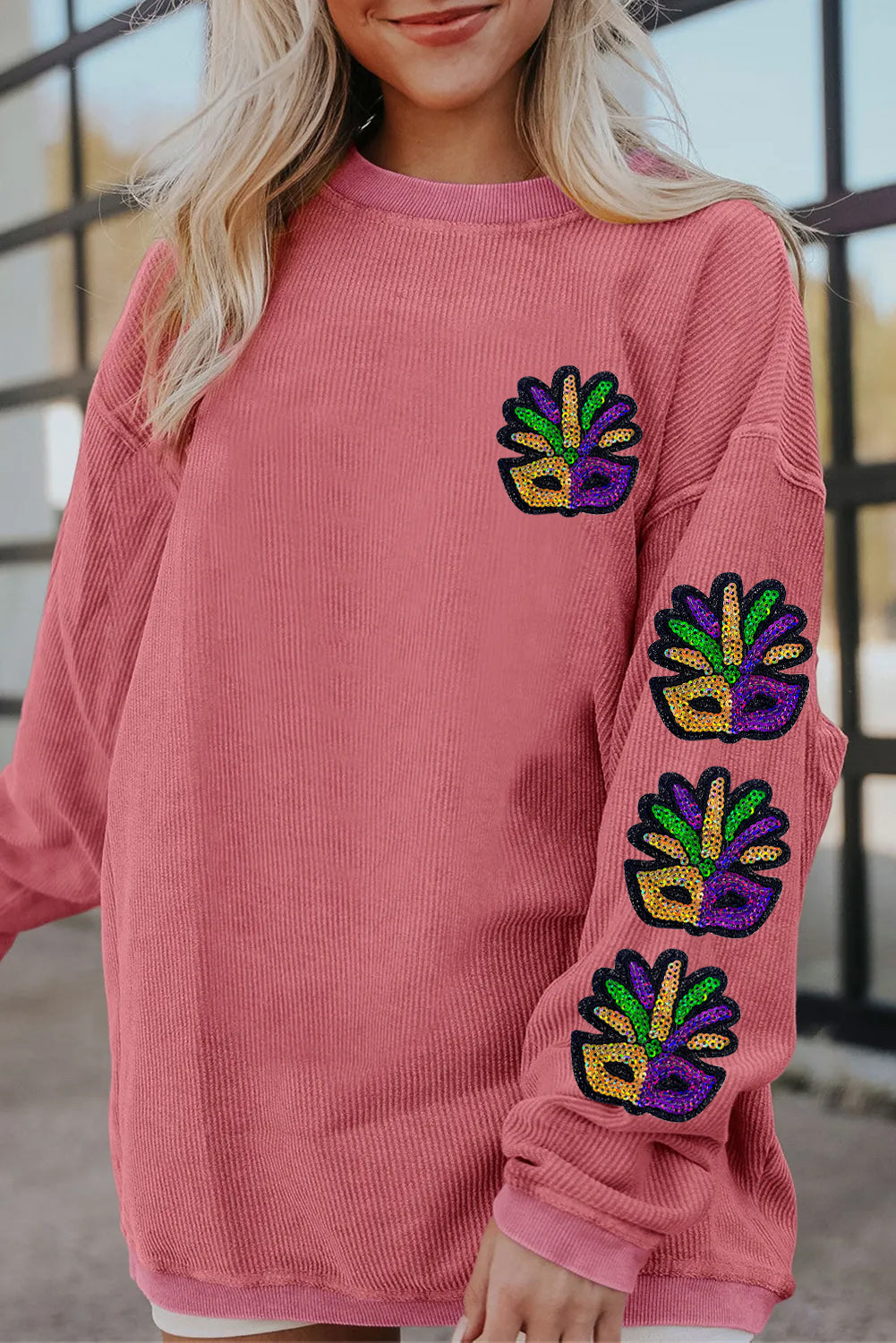 Mardi Gras Mask Patch Sleeve Detail Casual Sweatshirt