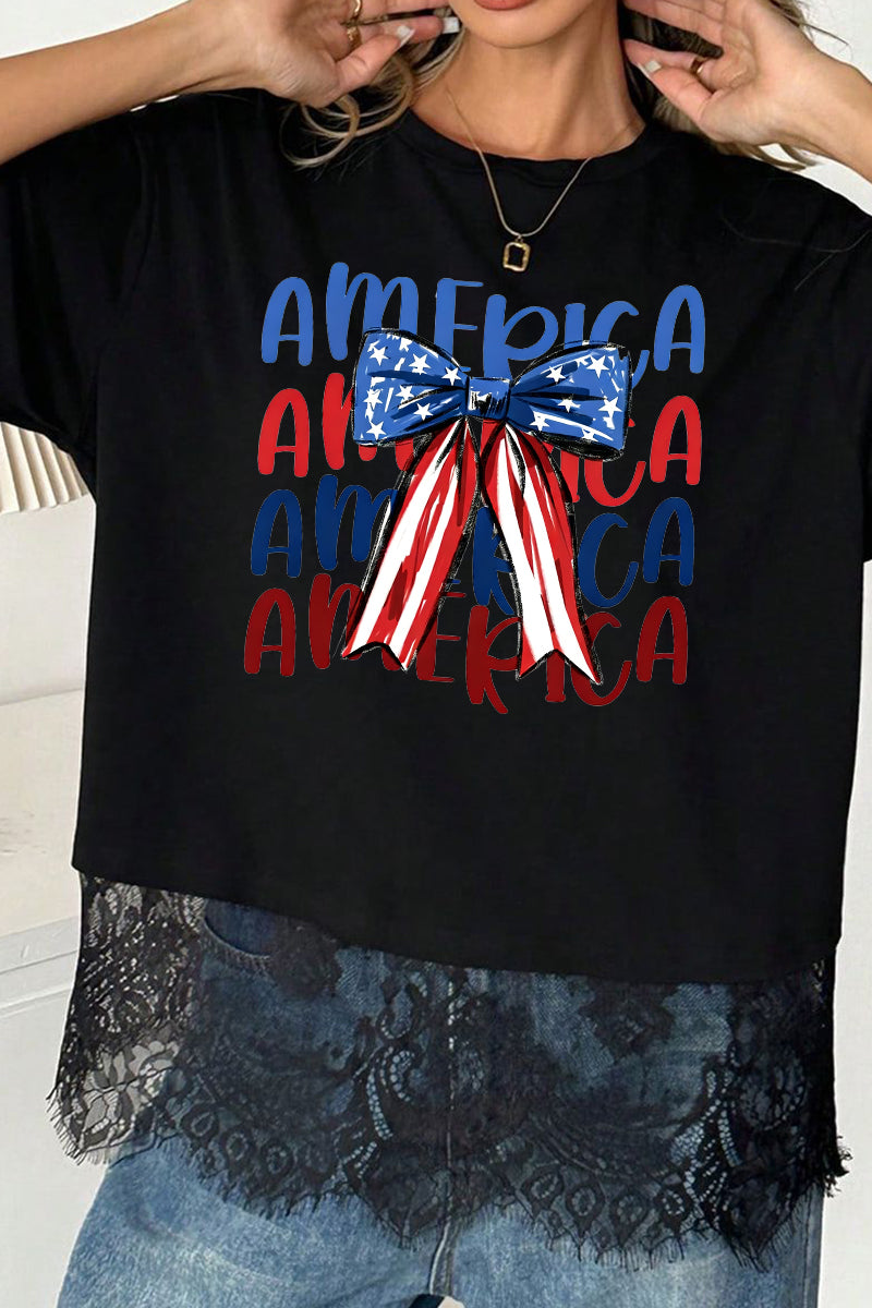 Patriotic Polyester Tee USA Bow 4th July Holiday Top