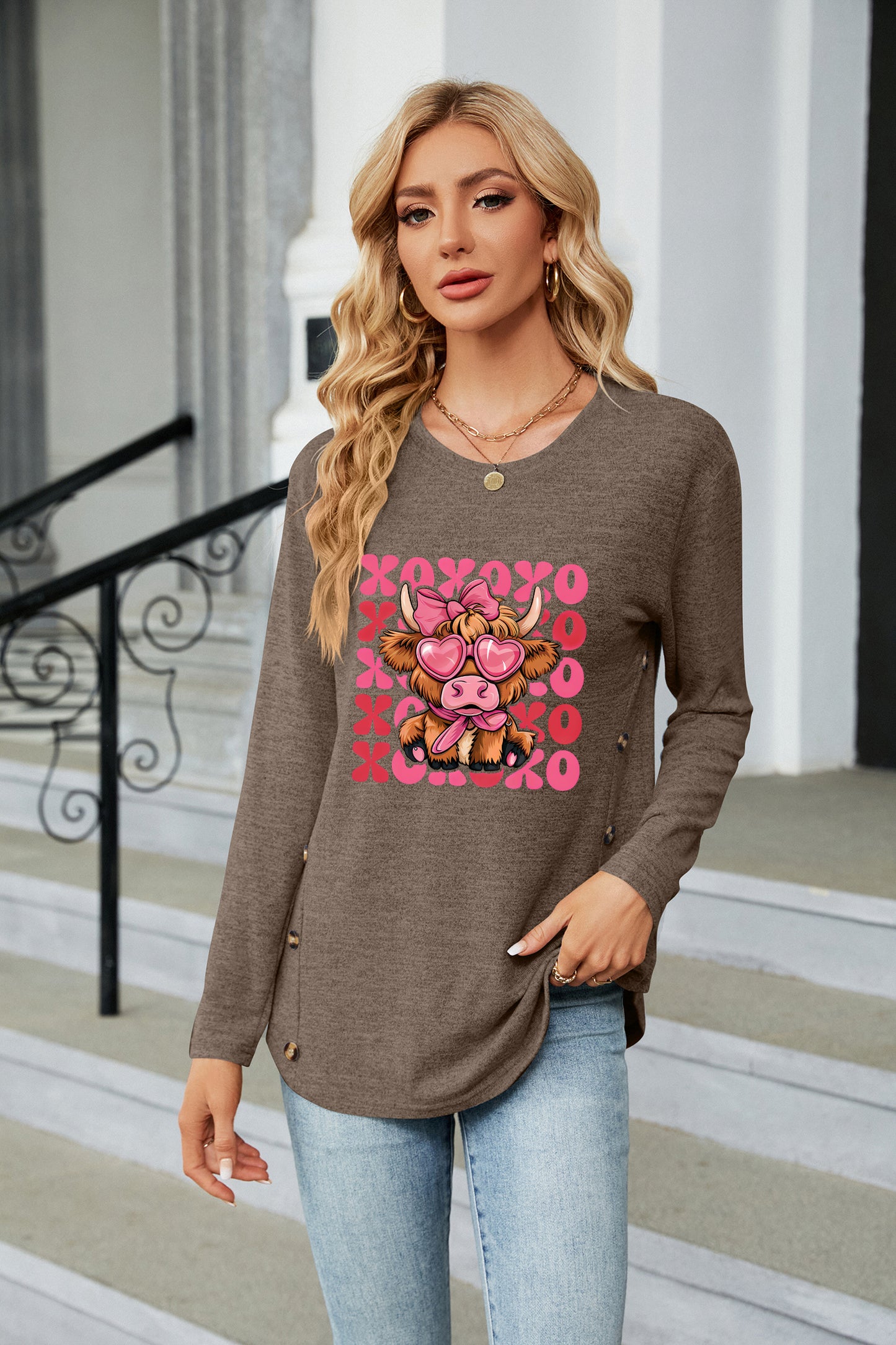 Valentine's Day Cute Pig XOXO Graphic Long Sleeve Top