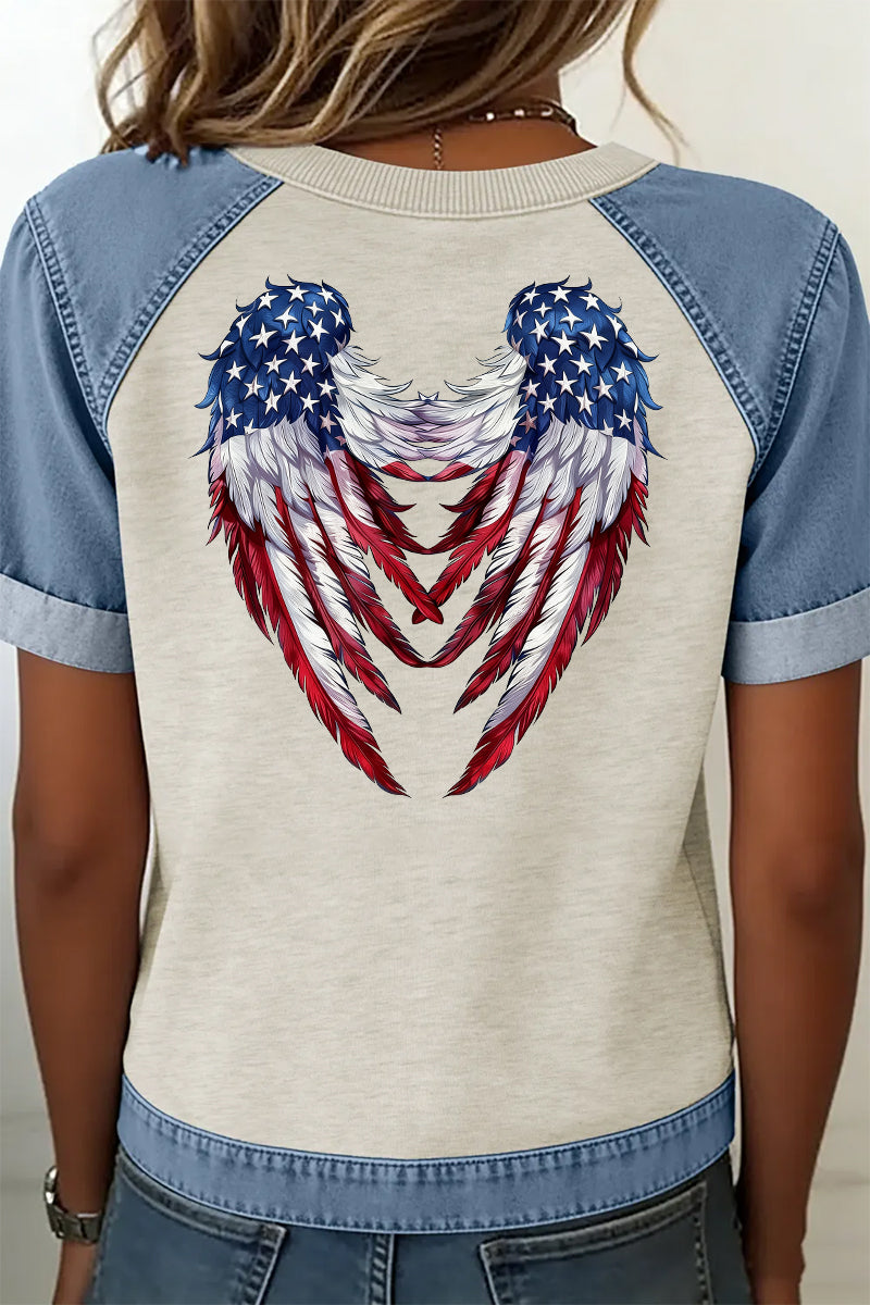 Patriotic Graphic Tee Denim Patchwork Wing Back Top