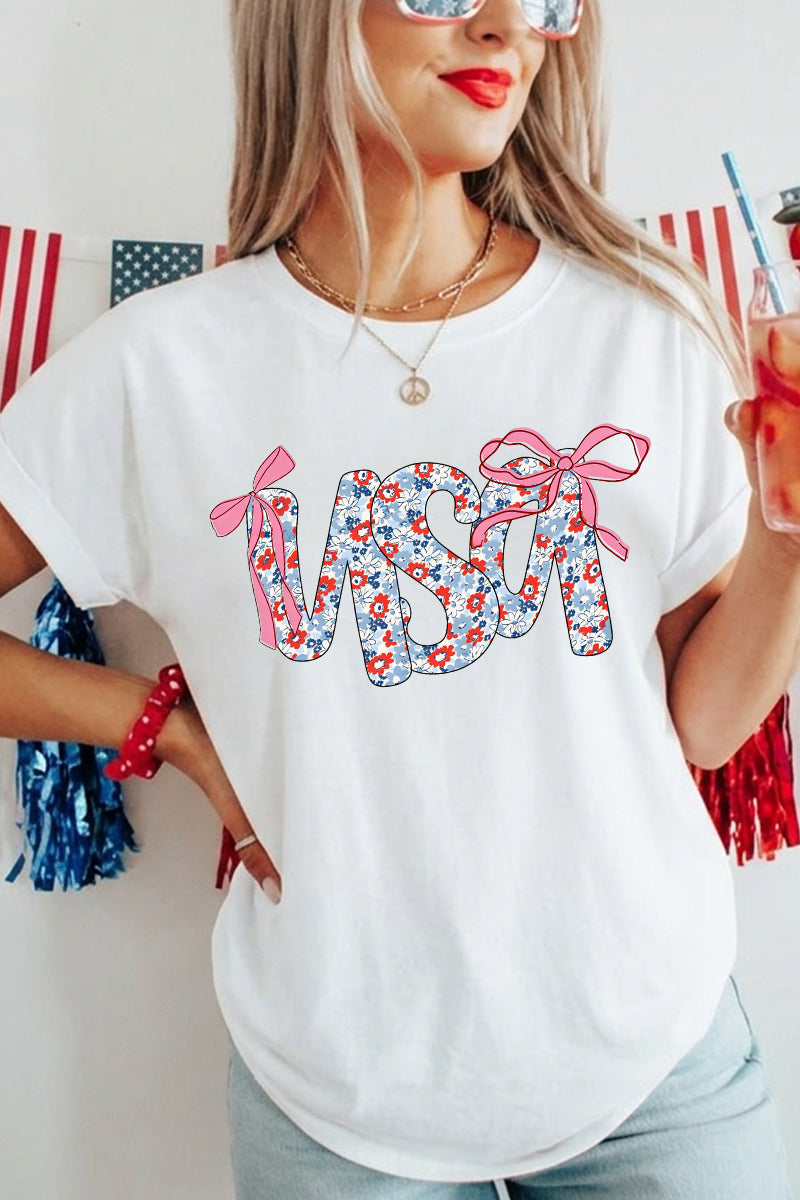 Women 4th of July USA Floral Bow Graphic T Shirt