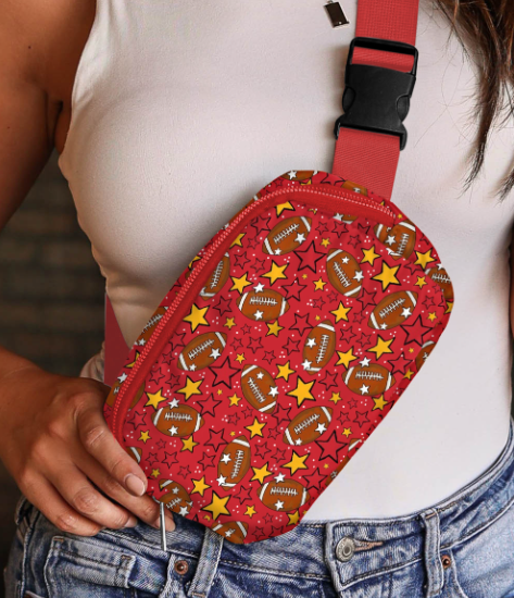 Fiery Red Rugby Football Star Printed Buckle Strap Crossbody Bag