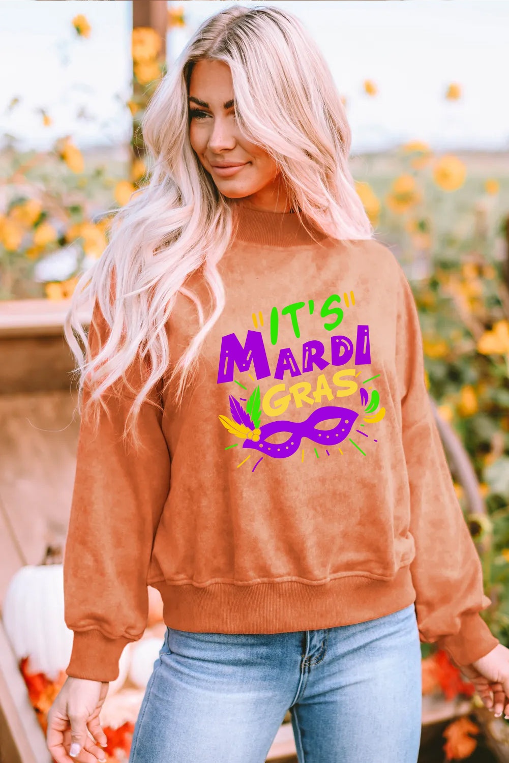Mardi Gras Graphic Sweatshirt Mask Print Crewneck