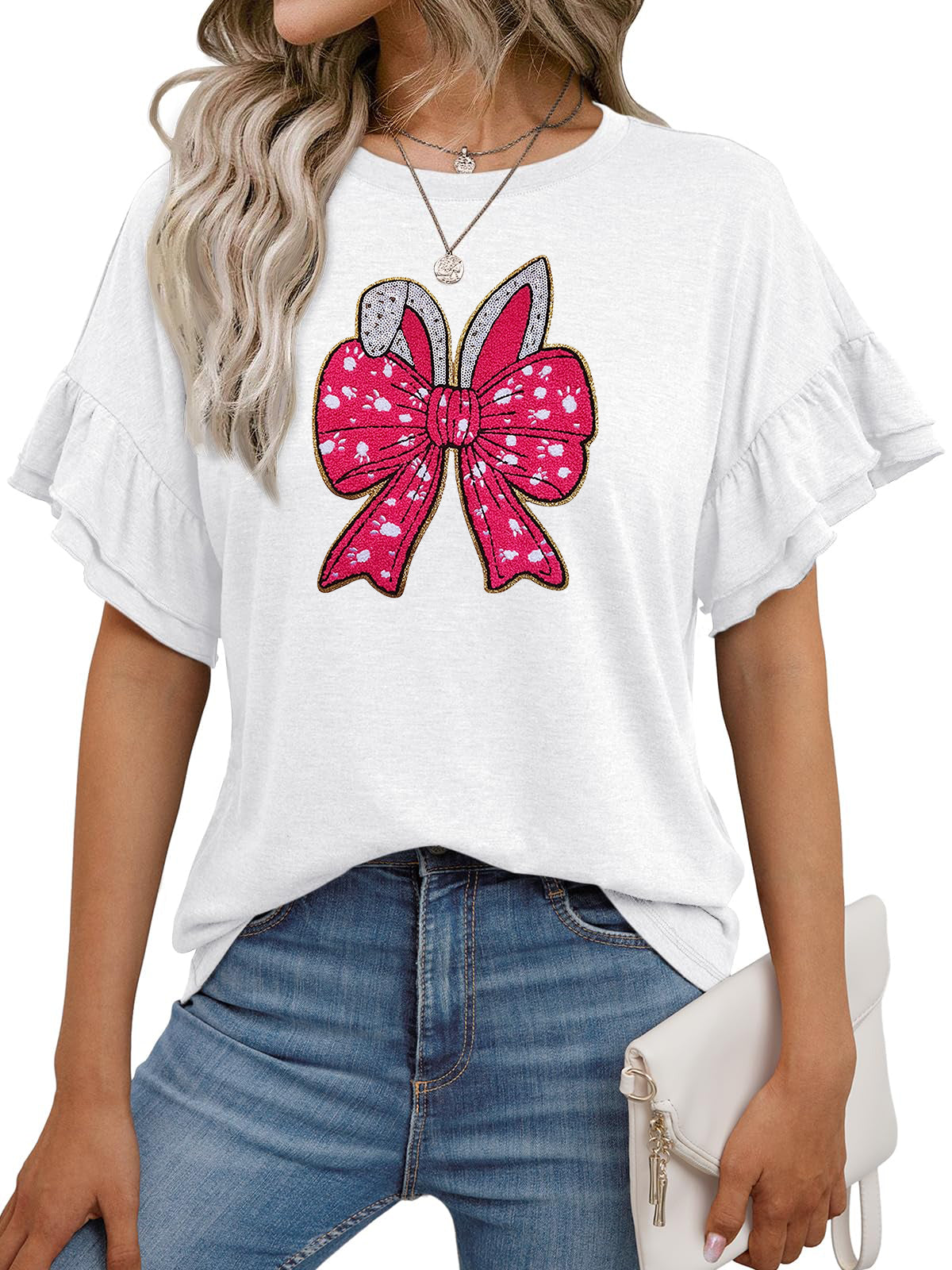 Easter Bunny Bow Graphic Ruffle Sleeve T Shirt