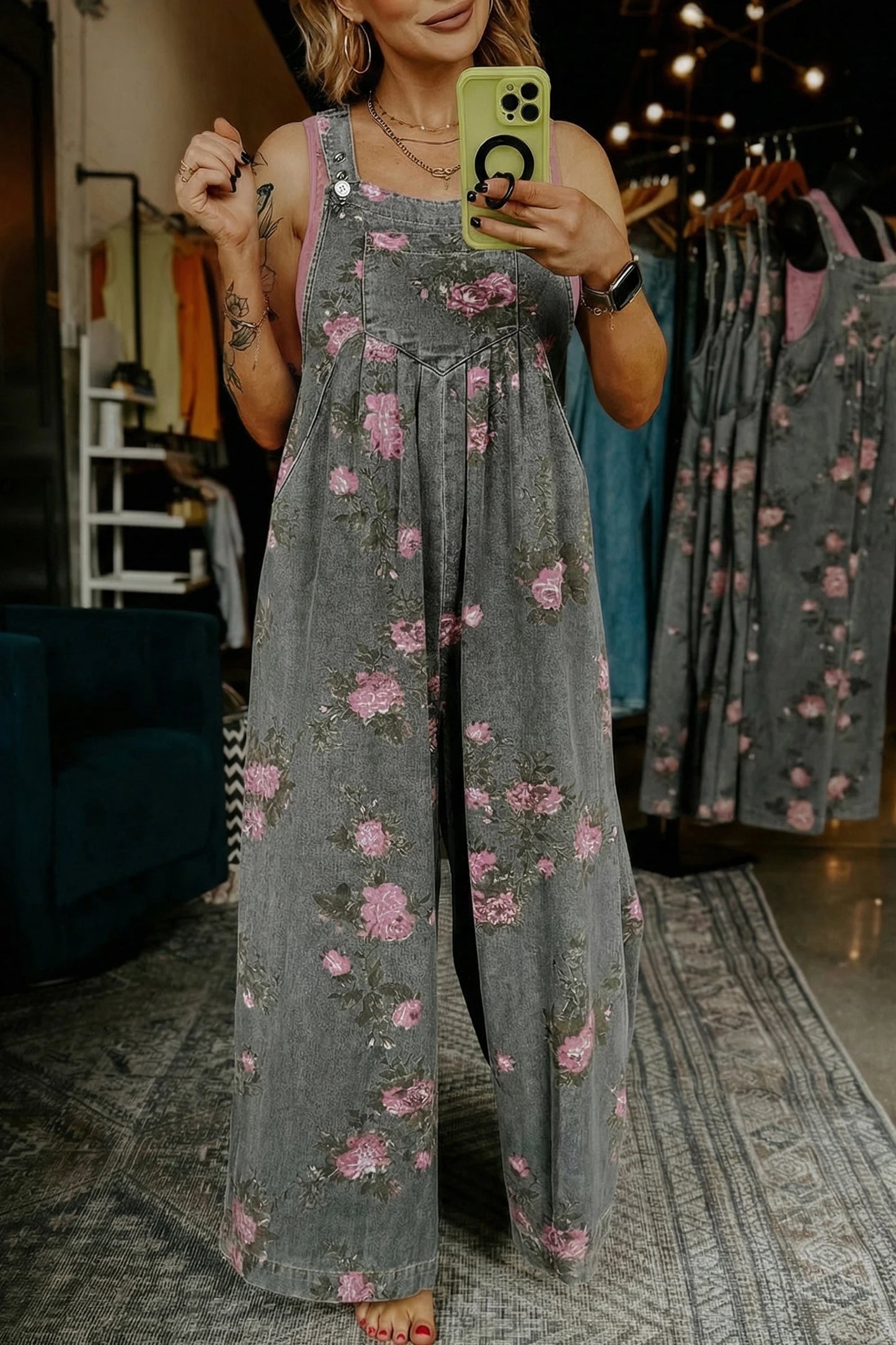 Beau Floral Print Pleated High Waist Wide Leg Denim Jumpsuit