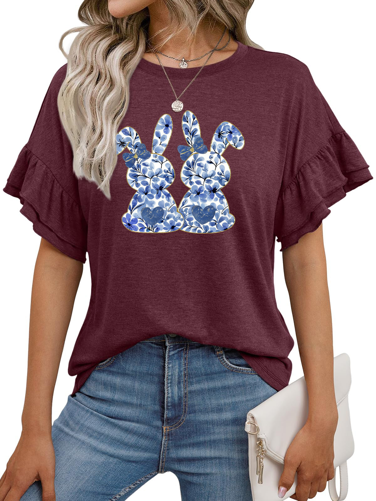 Easter Bunny Truck Graphic Ruffle Sleeve Casual Tee