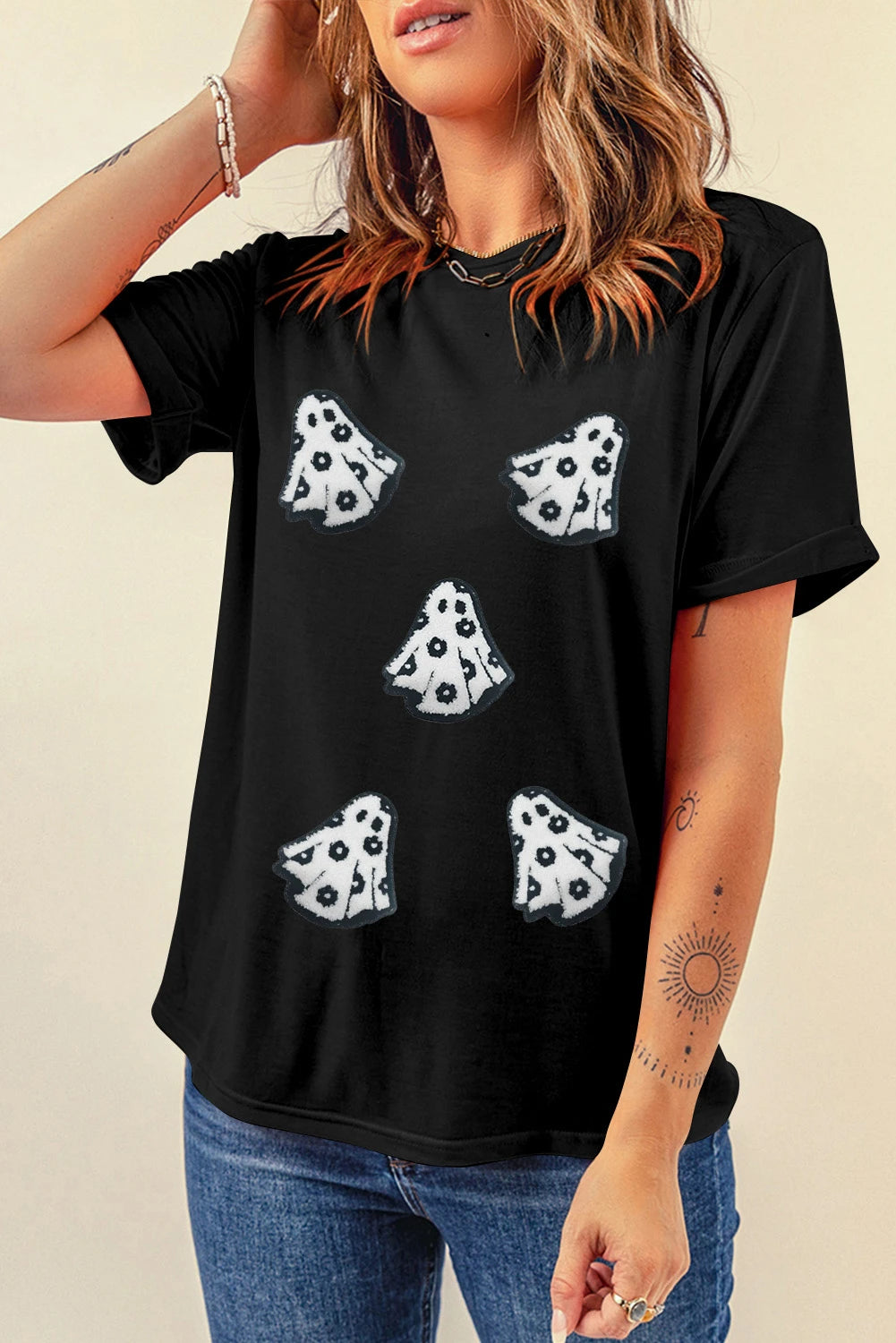 White Playful Ghost Patched Cotton Blend T Shirt