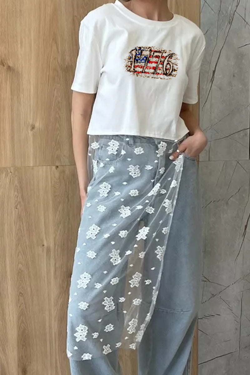 Vintage Patriotic Graphic Tee Lace Patchwork Top