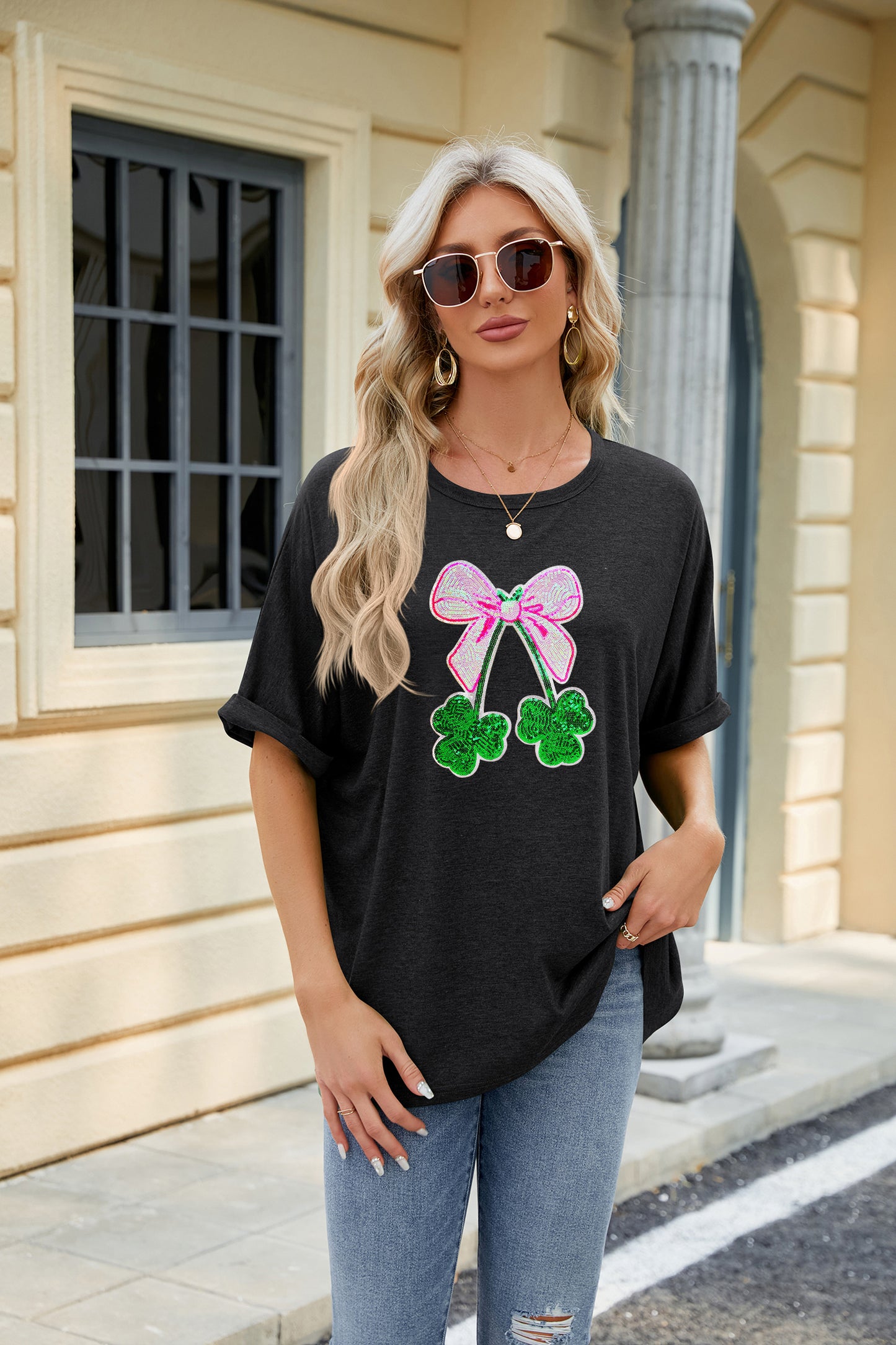 St Patrick’s Day Sequin Bow Clover Graphic Tee