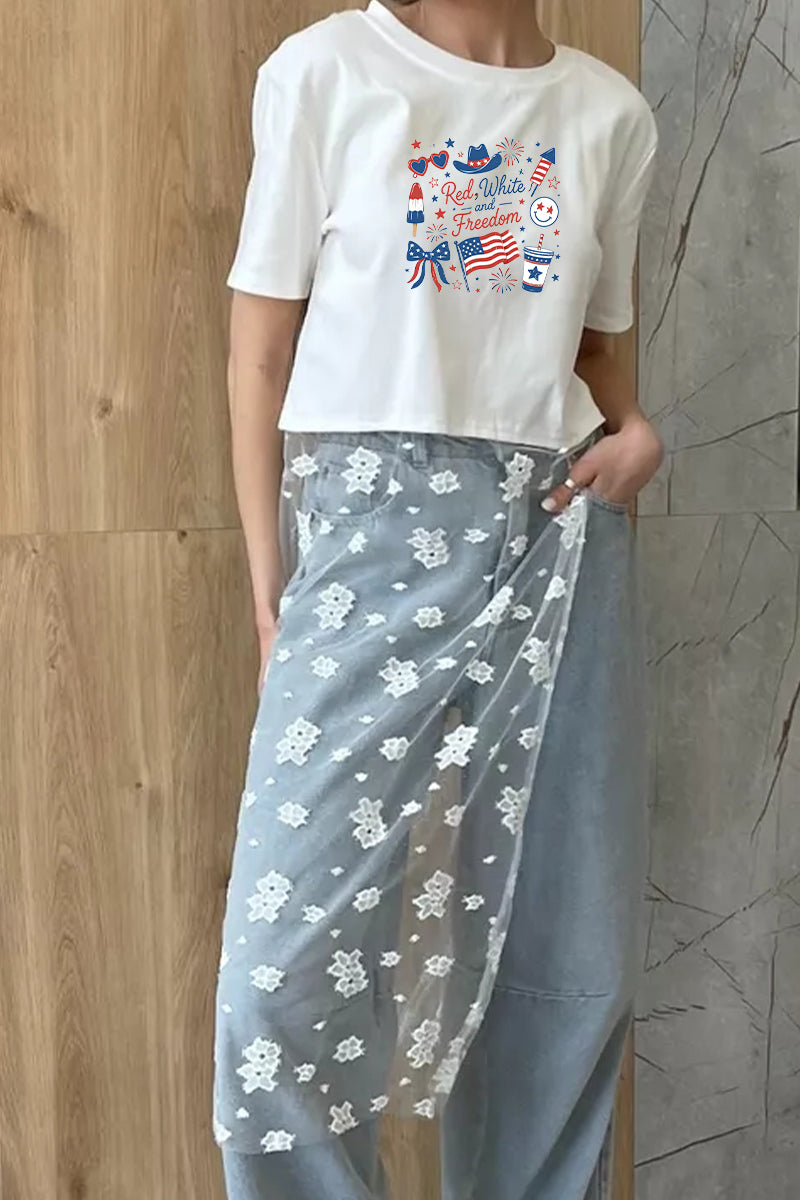 Patriotic Graphic Tee Lace Patchwork Freedom Top