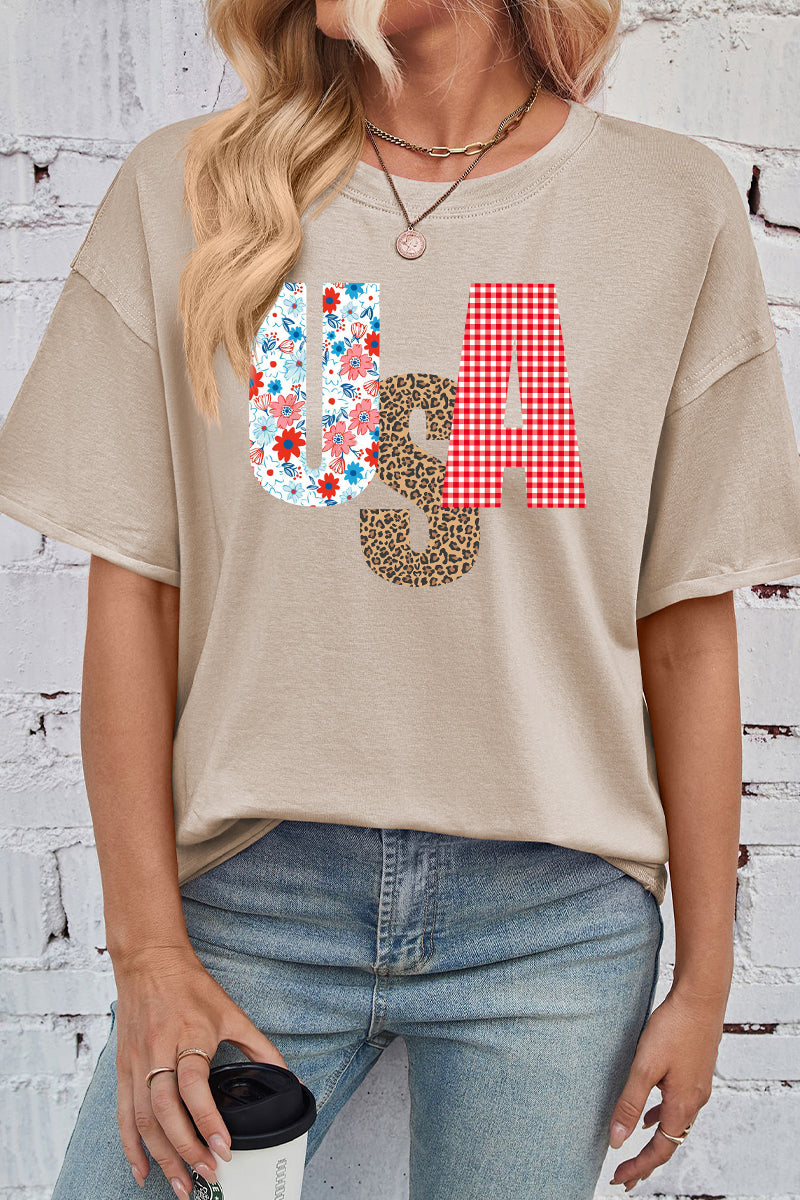 Patriotic Cotton Graphic Tee Oversized USA Leopard Top