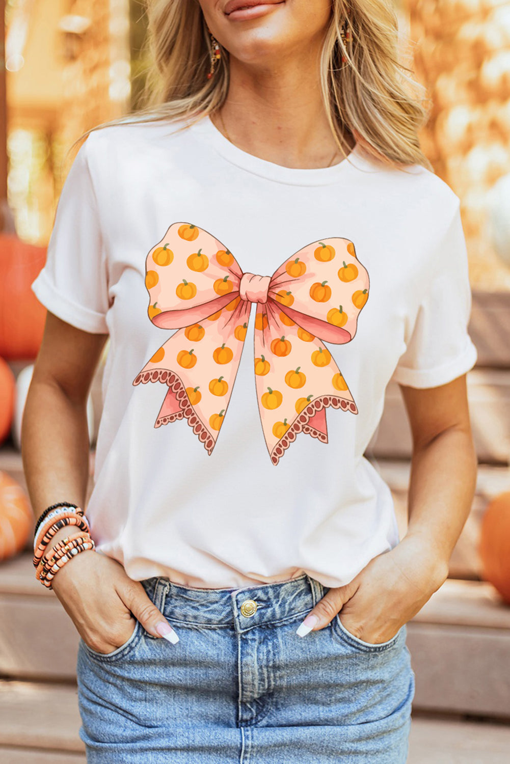 White Pumpkin Bow Print Thanksgiving T Shirt
