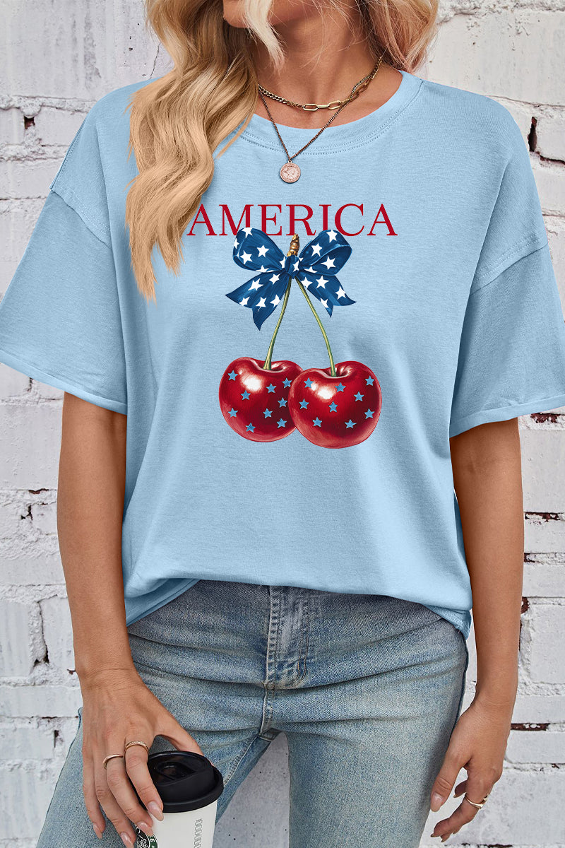 Patriotic Cherry Print Rayon Tee Oversized Casual Top