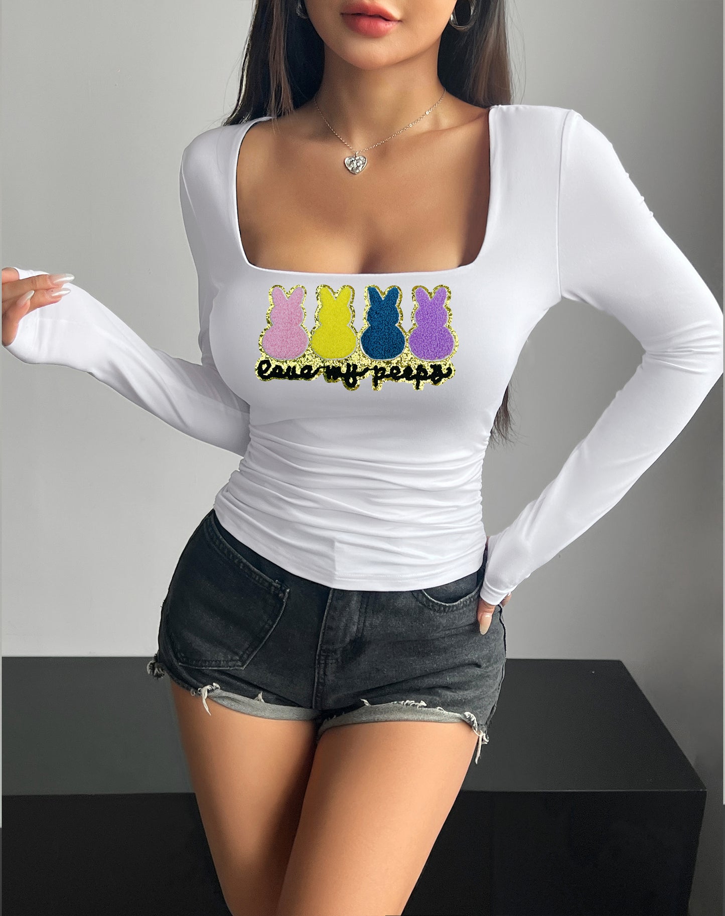 Easter Bunny Graphic Square Neck Long Sleeve Fitted Top