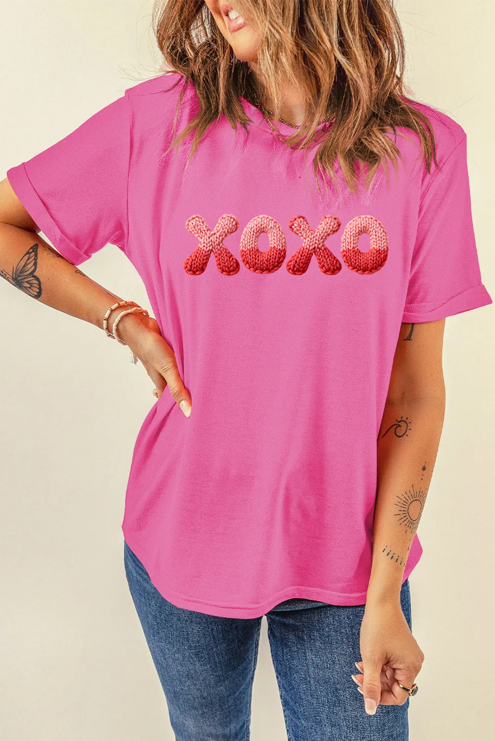 Valentine’s Day XOXO Knit Letter Graphic Tee（Not Embroidery）