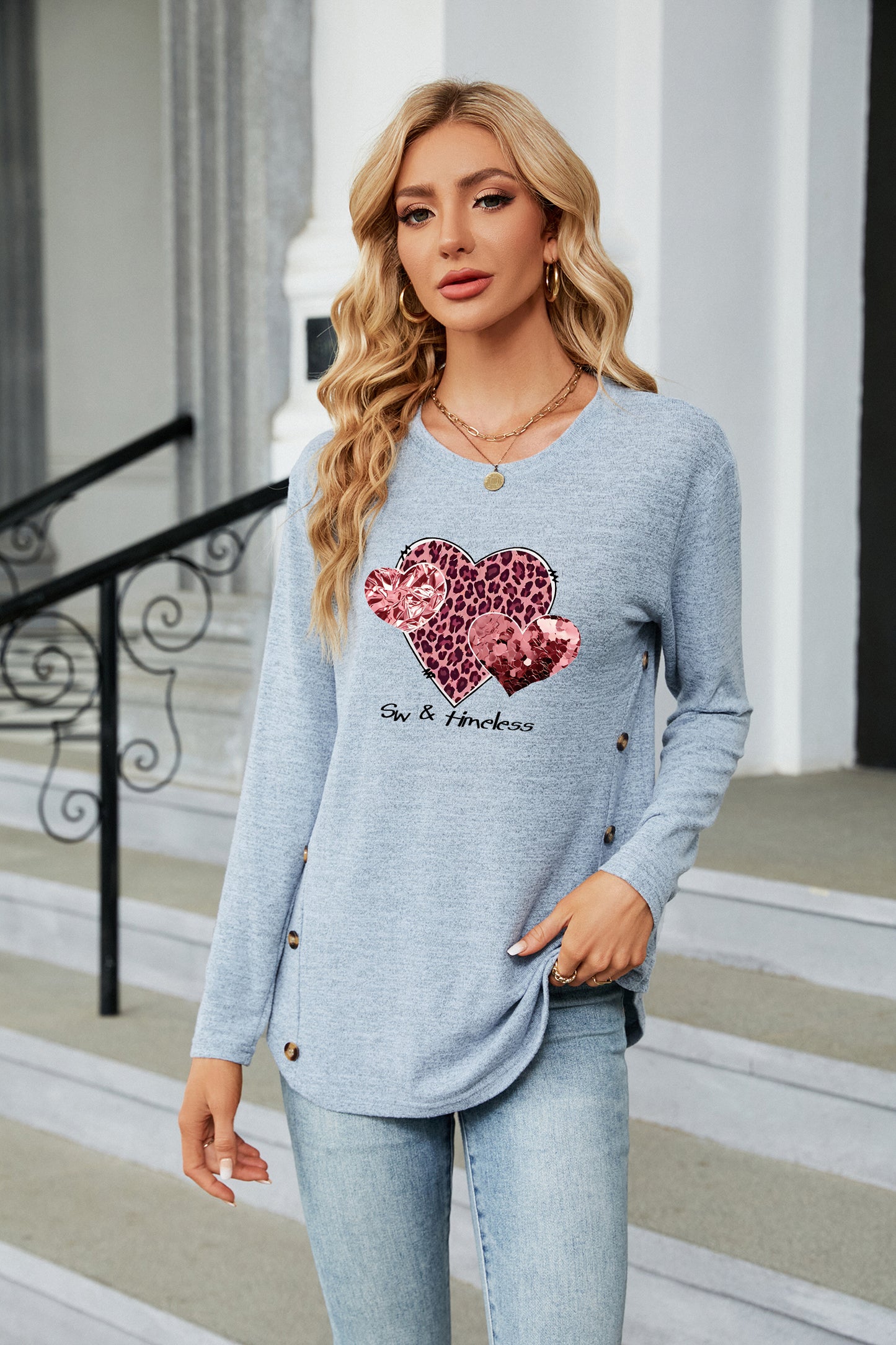 Valentine's Day Triple Heart Leopard Graphic Long Sleeve
