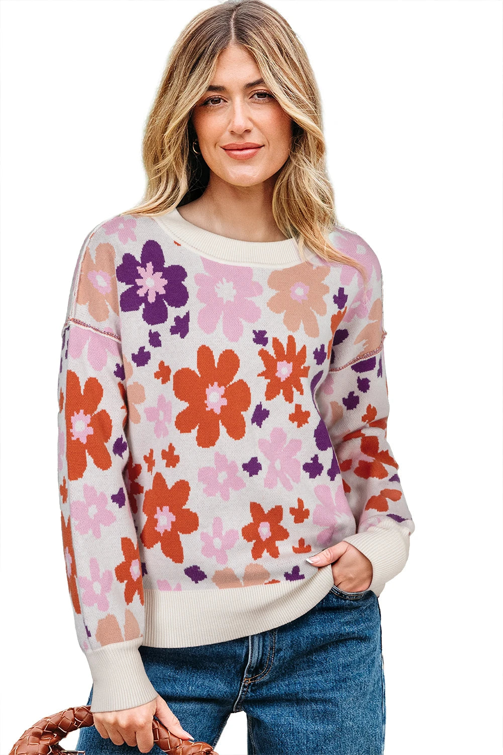 Khaki Fall Floral Pattern Drop Shoulder Sweater