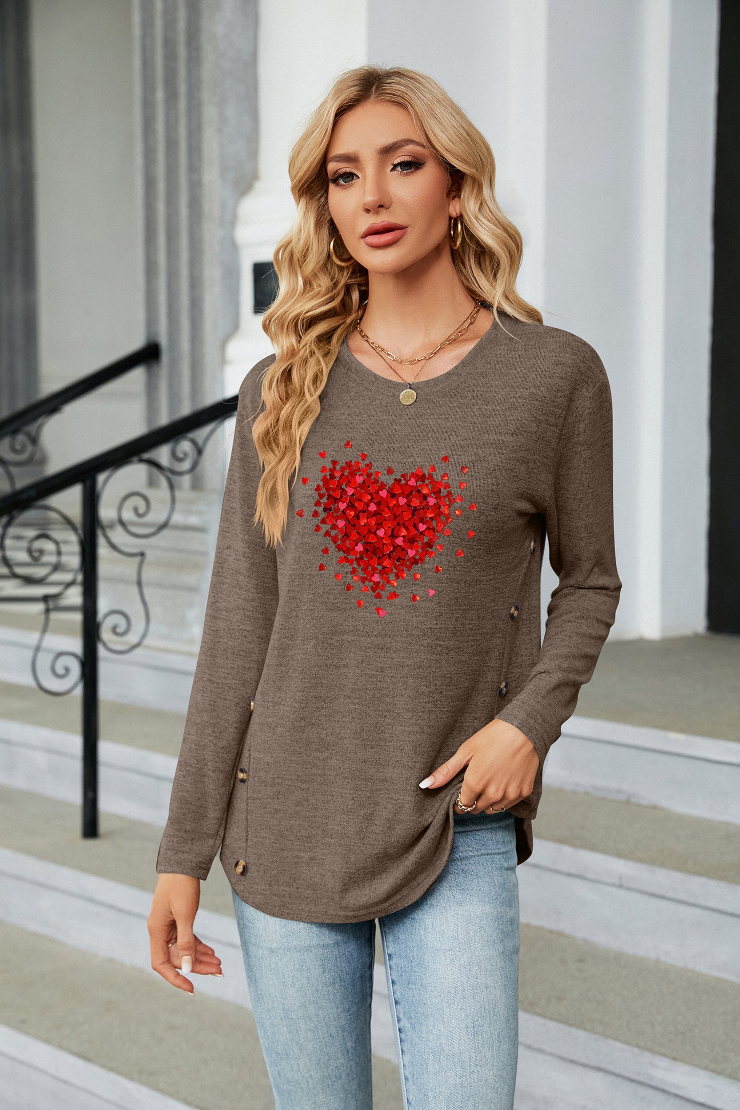 Valentine's Day Red Heart Pattern Casual Long Sleeve Top