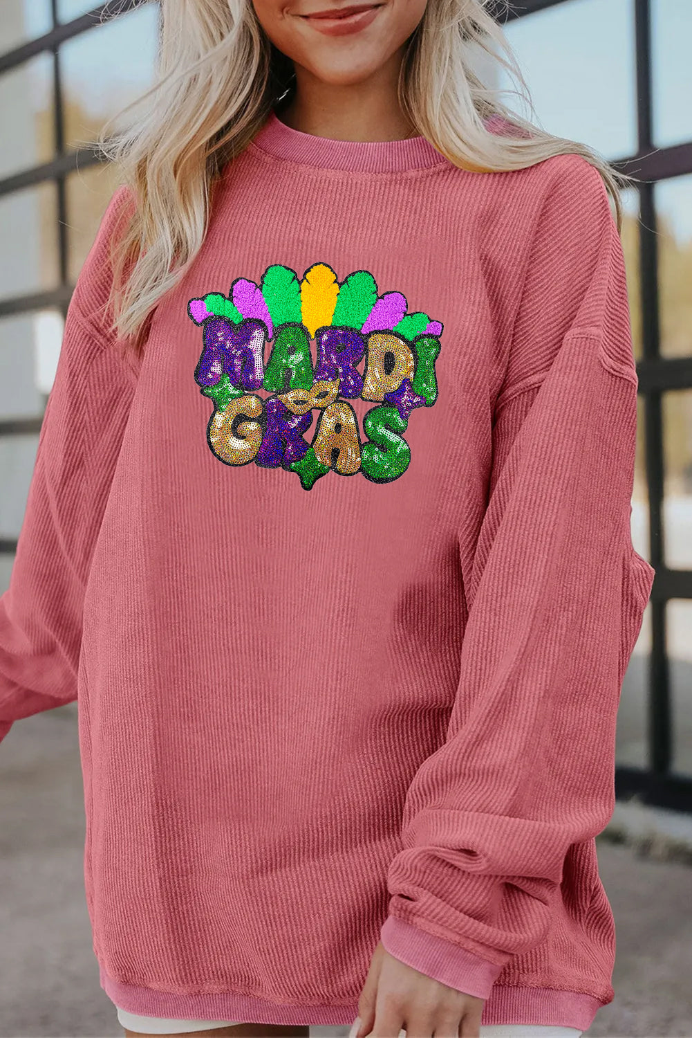 Mardi Gras Beaded Sequin Graphic Corded Sweatshirt