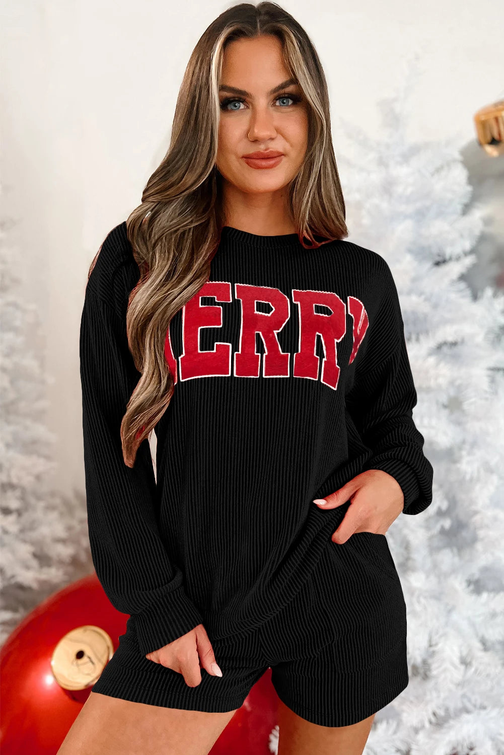 Racing Red Corded MERRY Graphic Long Sleeve Top and Shorts Set